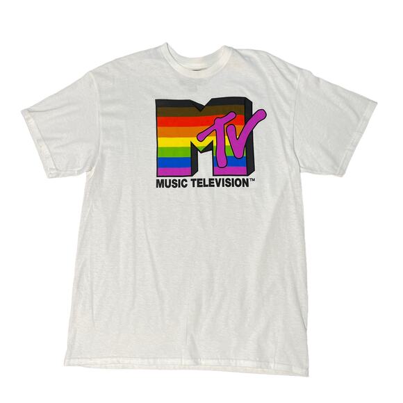 MTV Graphic Logo Rainbow T-Shirt Short Sleeve Large NWOT White - Picture 1 of 6